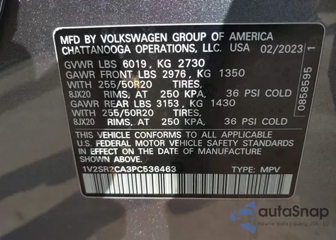 2023 Volkswagen Atlas 3.6L V6 Sel R-Line Black from USA, damaged, VIN 1V2SR2CA3PC536463